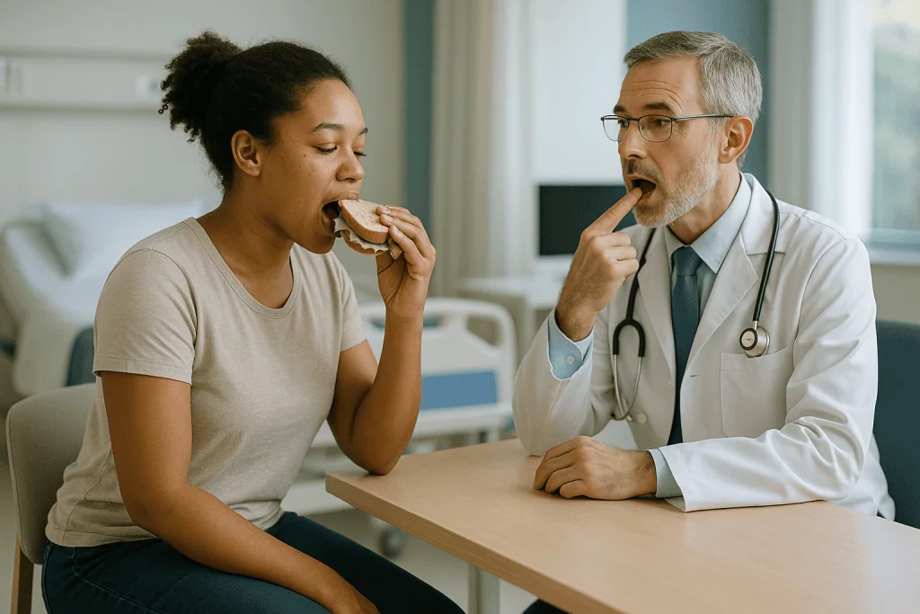 Doctor and patient eating hamburger together: Why the incision is made inside the mouth