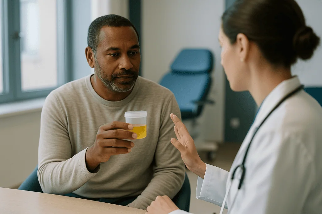 Male patient providing urine sample to female doctor: Why the infection check comes first in urodynamic test preparation