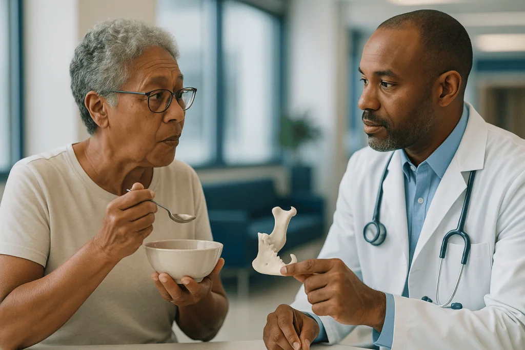 Doctor consulting senior patient with bone model: Why the jaw joint is such a hard surface to rebuild