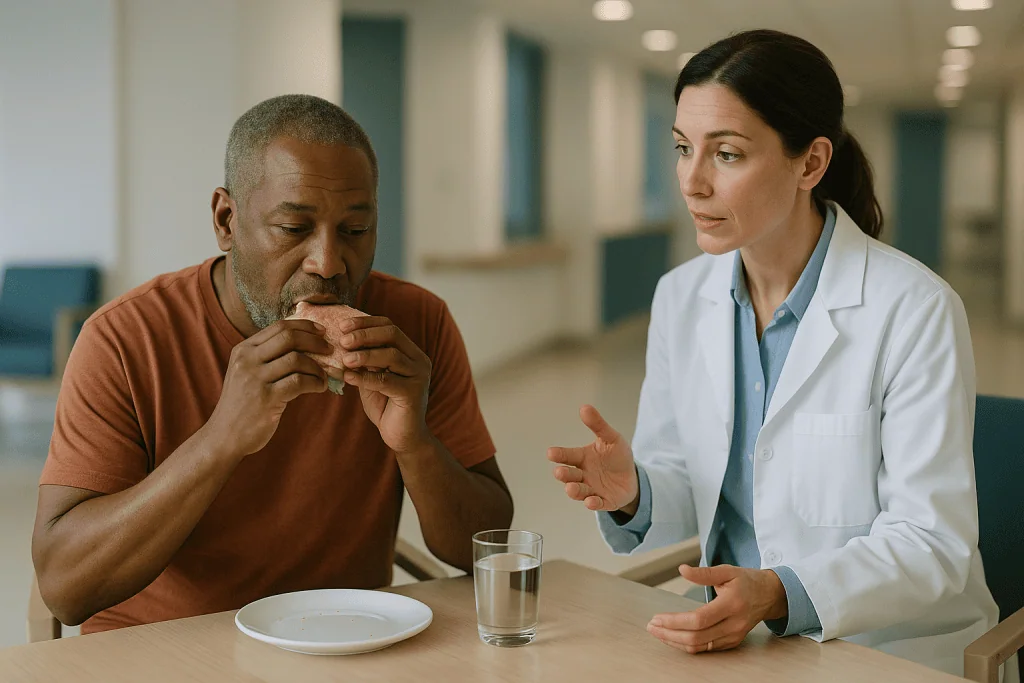 Doctor discussing nutrition with patient eating sandwich: Why the lip is harder to rebuild than it looks