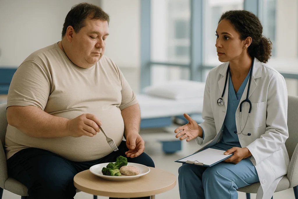 Doctor consulting obese male patient about diet nutrition: Why the liver gets in the way during weight-loss surgery