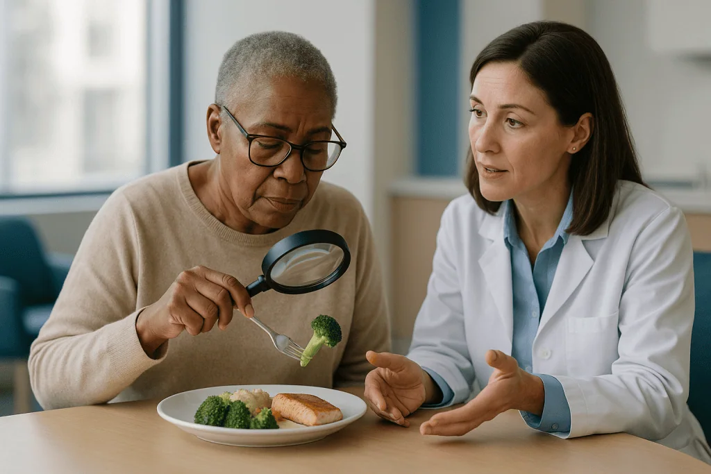 Older man examining food with magnifier, healthcare provider observing: Why the low vision eye exam matters more than the de