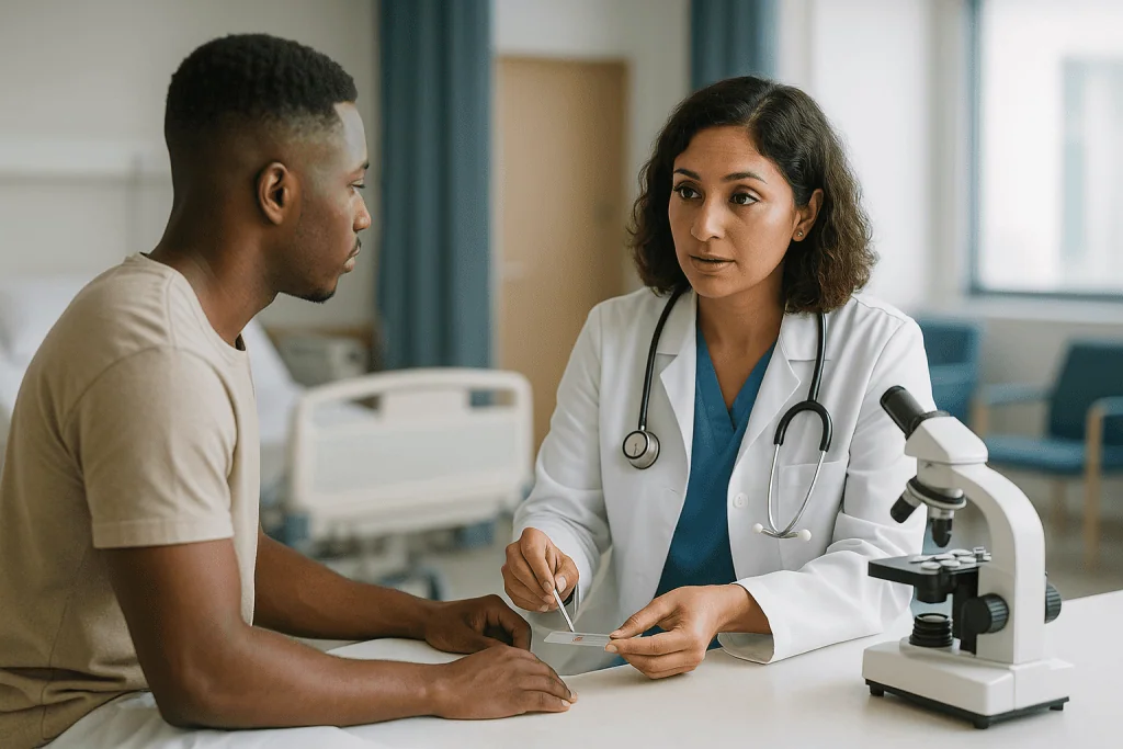 Doctor consulting with patient in clinical setting: Why the malaria blood smear test is still the reference standard