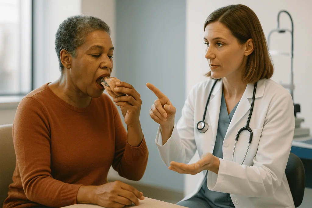 Doctor counseling patient about food choices: Why the medicine is injected into the eye instead of swallowed