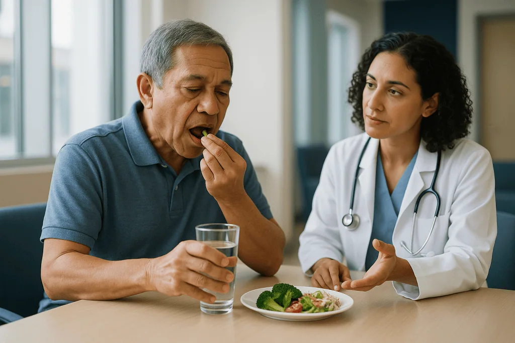 Doctor consulting patient about diet and medication: Why the medicines matter more than the metal: antiplatelet therapy expl