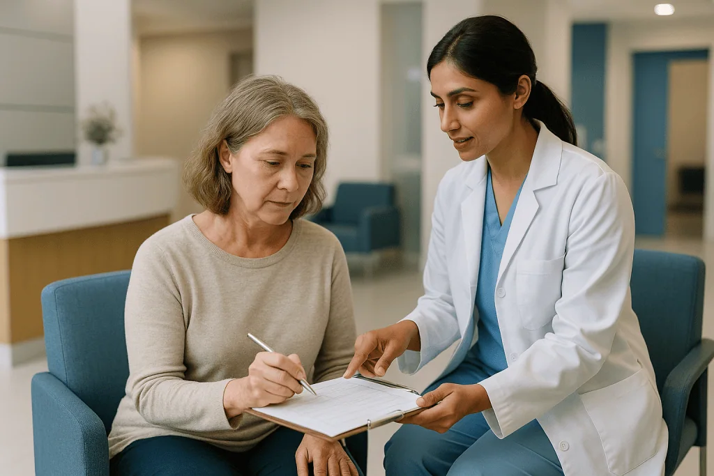 Doctor and patient in consultation, signing paperwork: Why the morning starts with a checklist, not a laser