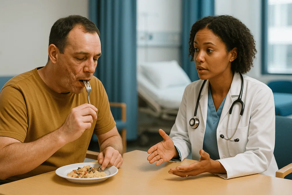 Doctor consulting patient about meal nutrition: Why the order matters: life first, then sight, then bone, then skin