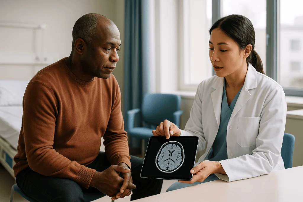 Doctor reviewing brain MRI scan with patient: Why the questions to ask about cerebrovascular disease treatment begin with th
