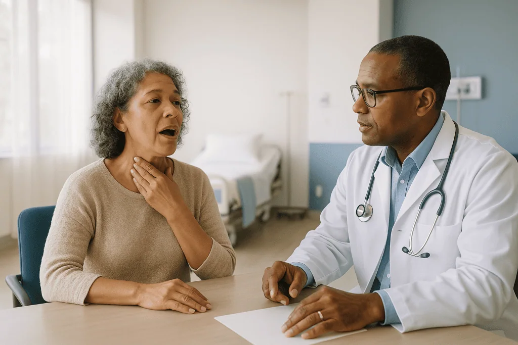 Doctor consulting with older female patient at desk: Why the recurrent laryngeal nerve is the operation's central preoccupat