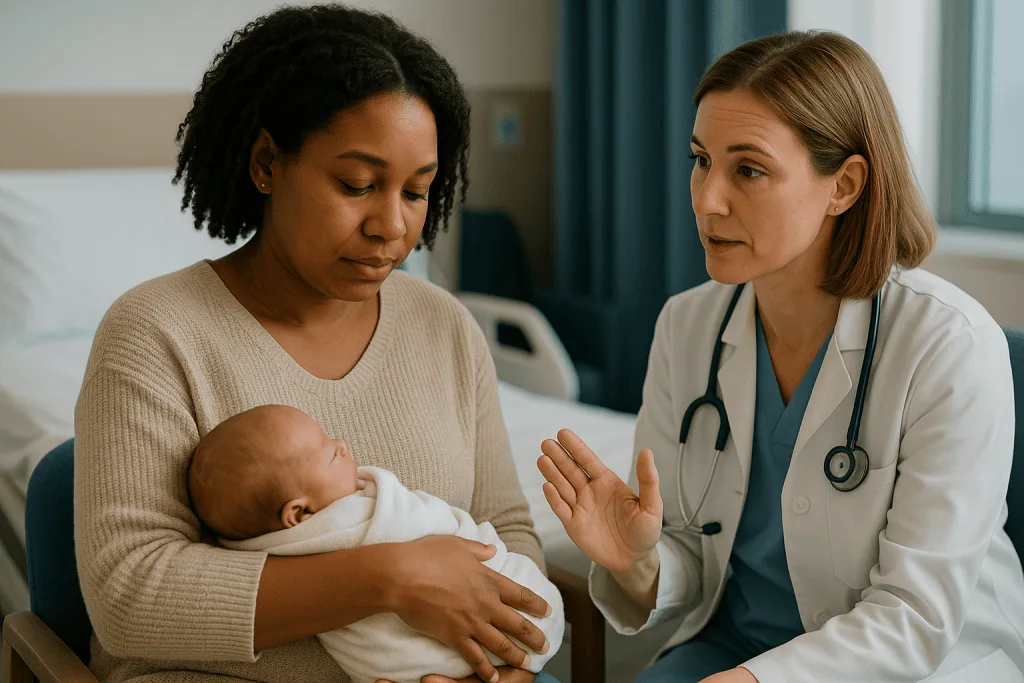 Doctor consulting with mother holding newborn infant: Why the repair usually happens within about 72 hours of birth