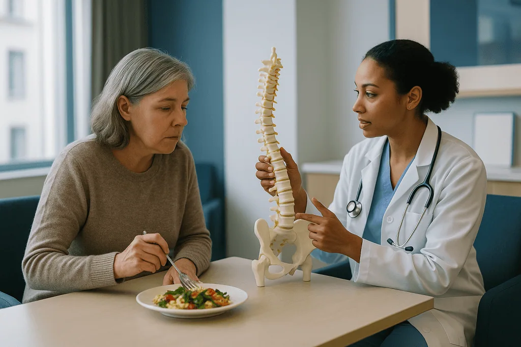 Doctor consulting patient about spine model with food: Why the same curve means different things at 15 and at 55