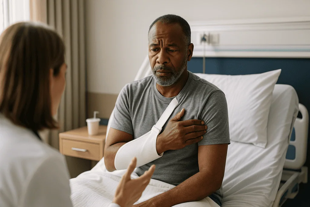 Patient with arm bandage consulting healthcare provider in hospital room: Why the second night is often harder than the firs