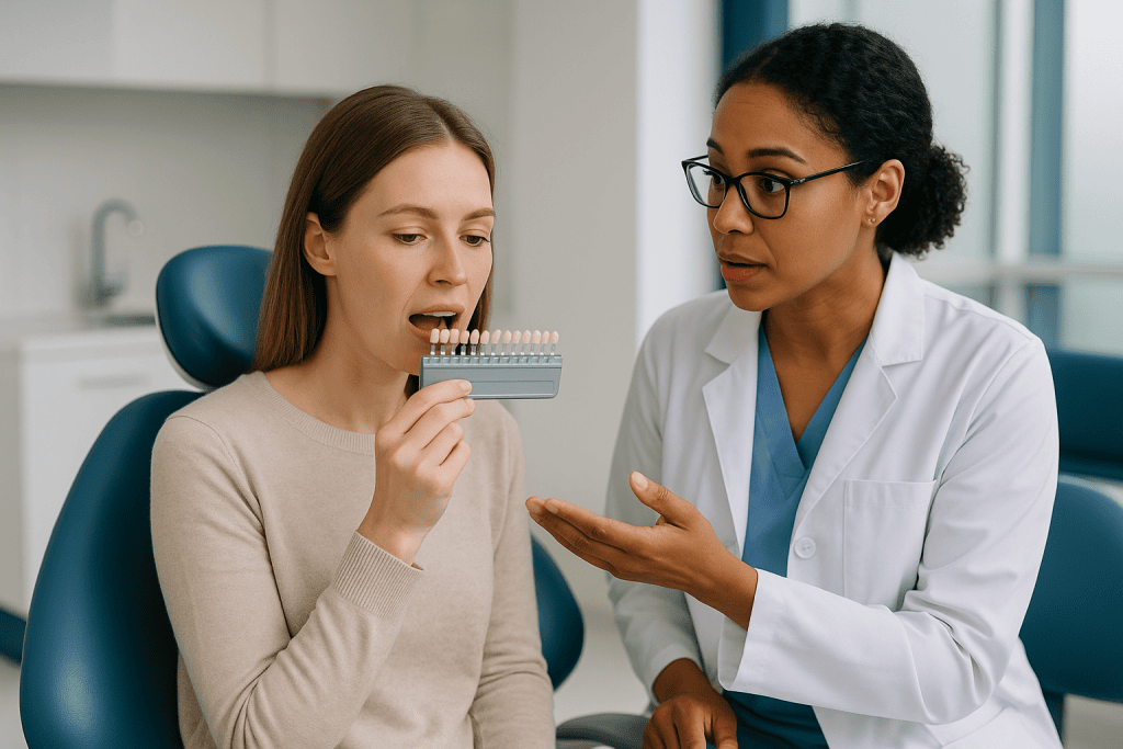 Dentist consulting patient with tooth shade guide: Why the shade check comes before anything else