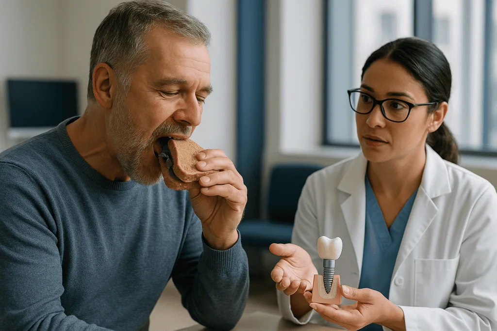 Dentist showing dental implant model to eating patient — Why the smile zone plays by different rules