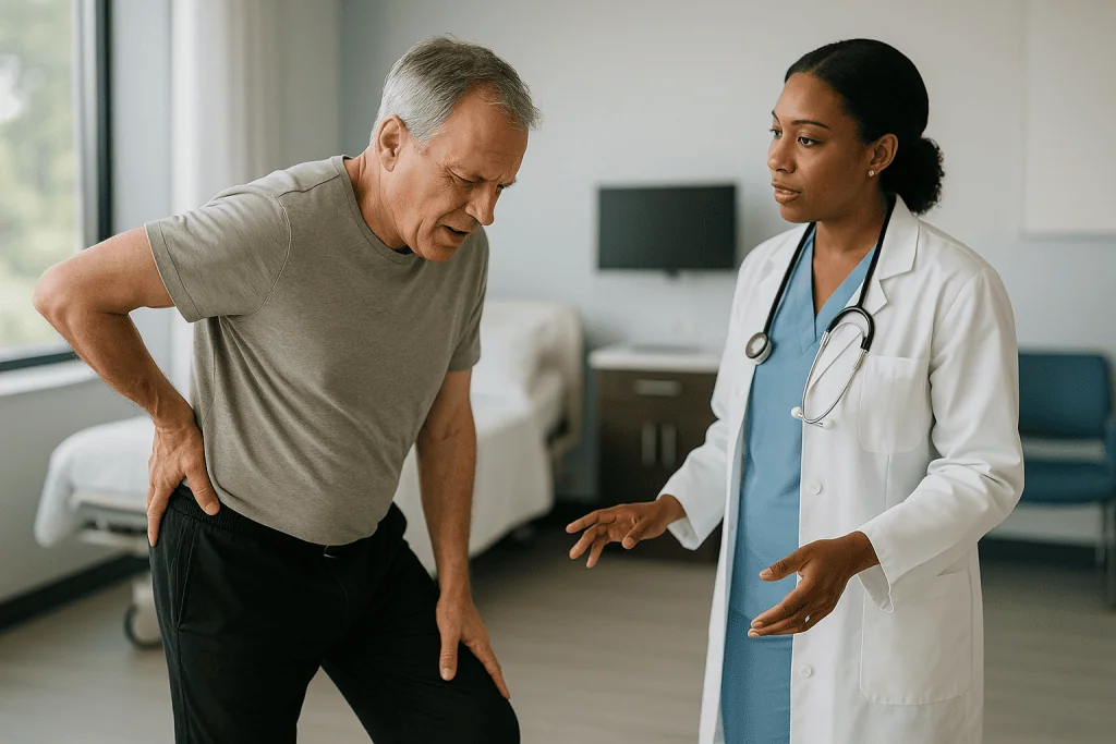 Doctor consulting patient about back pain in clinic: Why the spinal canal narrows in the first place