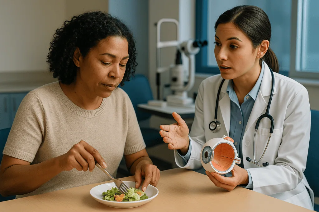 Doctor consulting patient about eye anatomy model: Why the surface matters: flap versus no flap