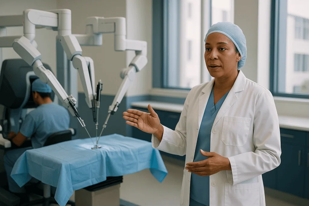 Surgeon explaining procedure in operating room: Why the surgeon sits across the room: how the robot actually works