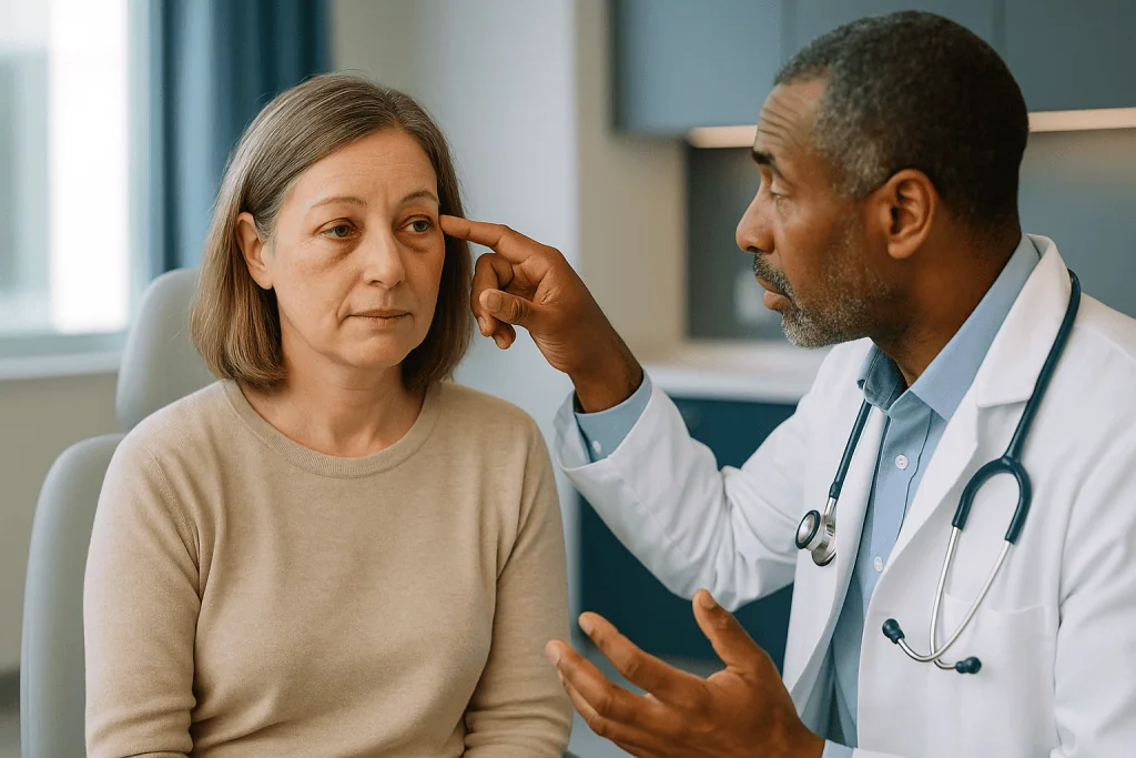 Doctor examining patient's face during consultation: Why the swelling and bruising land around your eyes