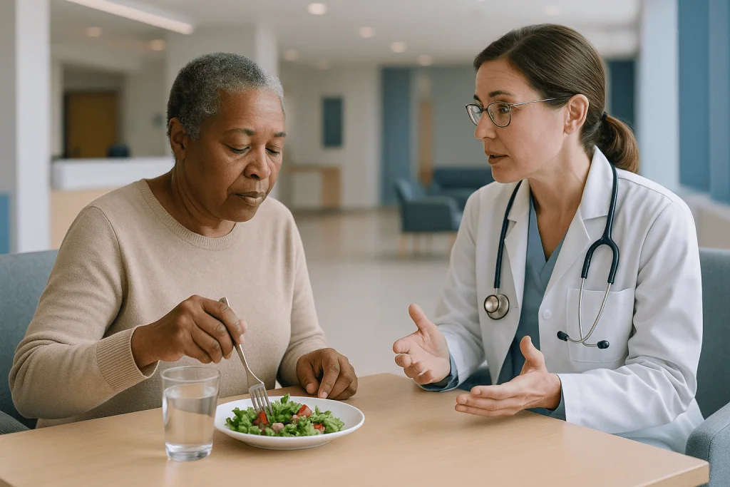 Doctor consulting patient about healthy eating and nutrition: Why the thymus matters in myasthenia gravis