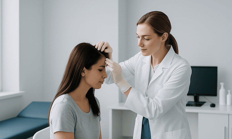 Doctor examining female patient's scalp in a clinical setting.