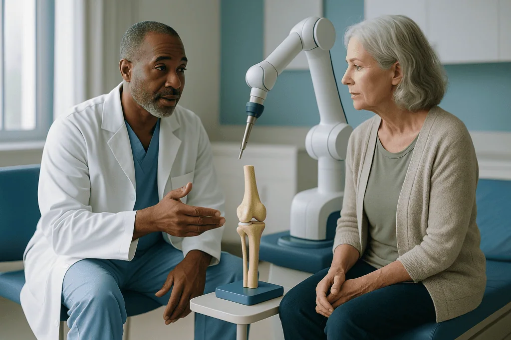 Doctor consulting with older female patient about knee model: Why the word robot misleads, and what the arm really is