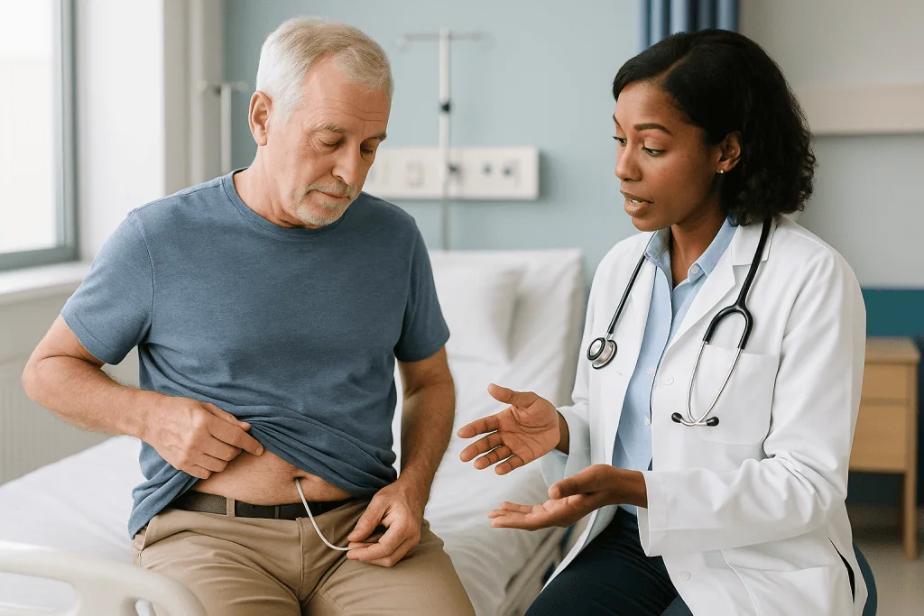 Doctor consulting with older male patient about abdominal pain: Why there is a stent, and how long a ureteral stent usually 