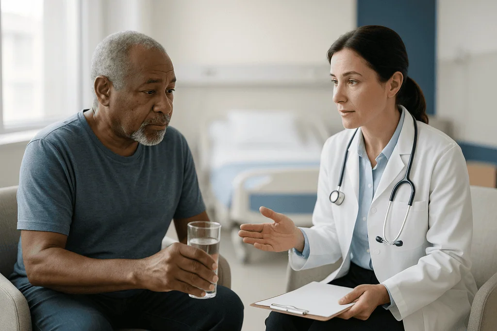 Doctor consulting with older male patient during clinical visit: Why there is no single number: how the drinking plan is ind