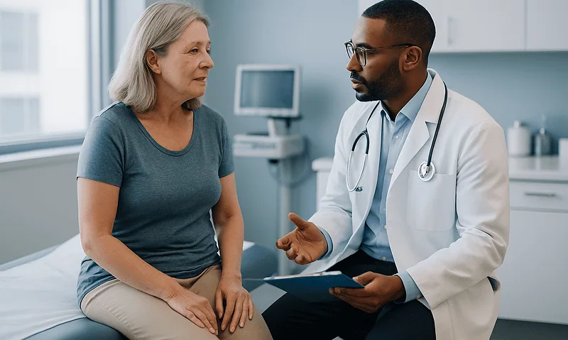 Doctor consulting with an older female patient in a medical office.