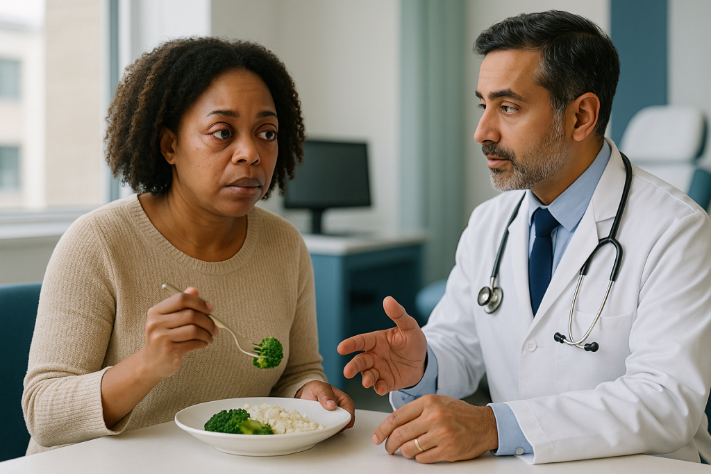 Doctor discussing nutrition with patient holding broccoli: Why thyroid eye disease surgery waits for the disease to settle