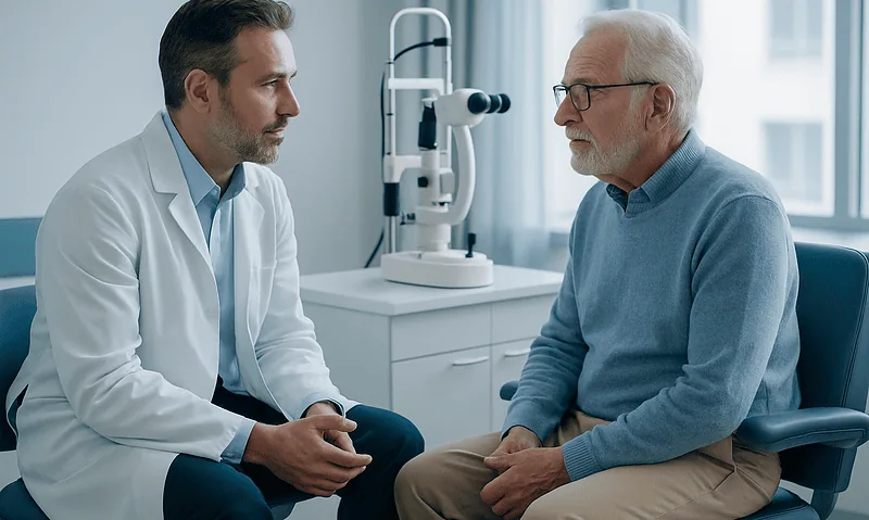 Ophthalmologist consulting with elderly patient in clinic.
