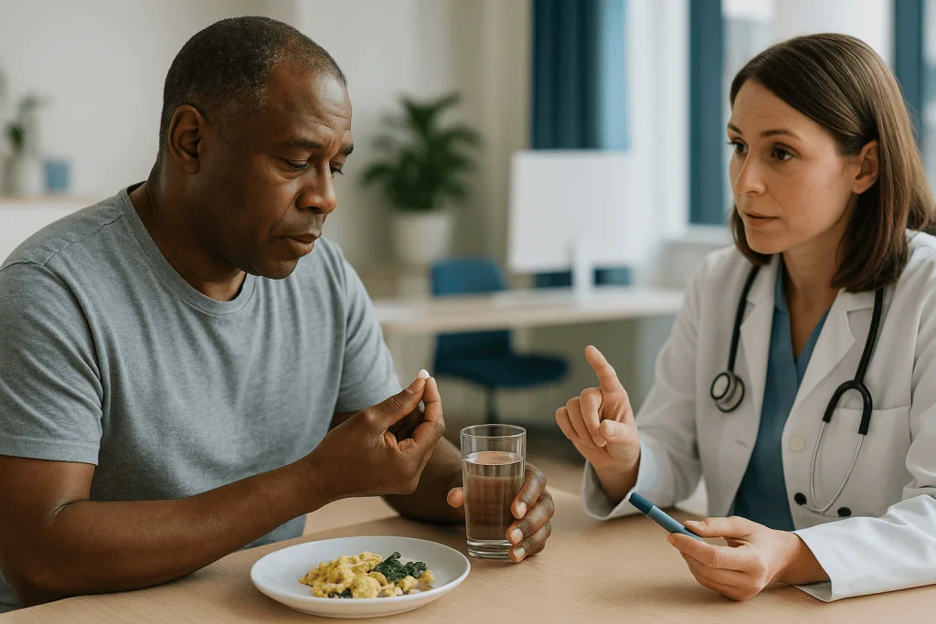 Doctor consulting patient about medication with food plate — Why timing matters more for the pill than the injection