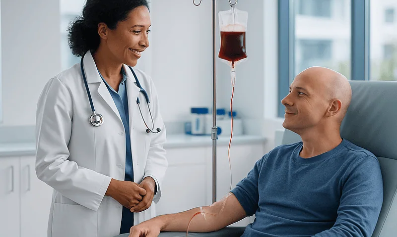 Doctor and patient during blood transfusion at Acibadem Hospital.