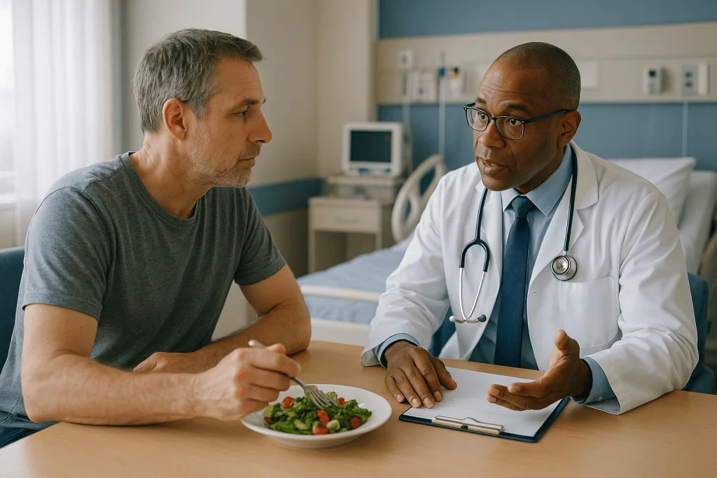Doctor consulting patient about diet and health: Why trt side effects start with what testosterone therapy actually does