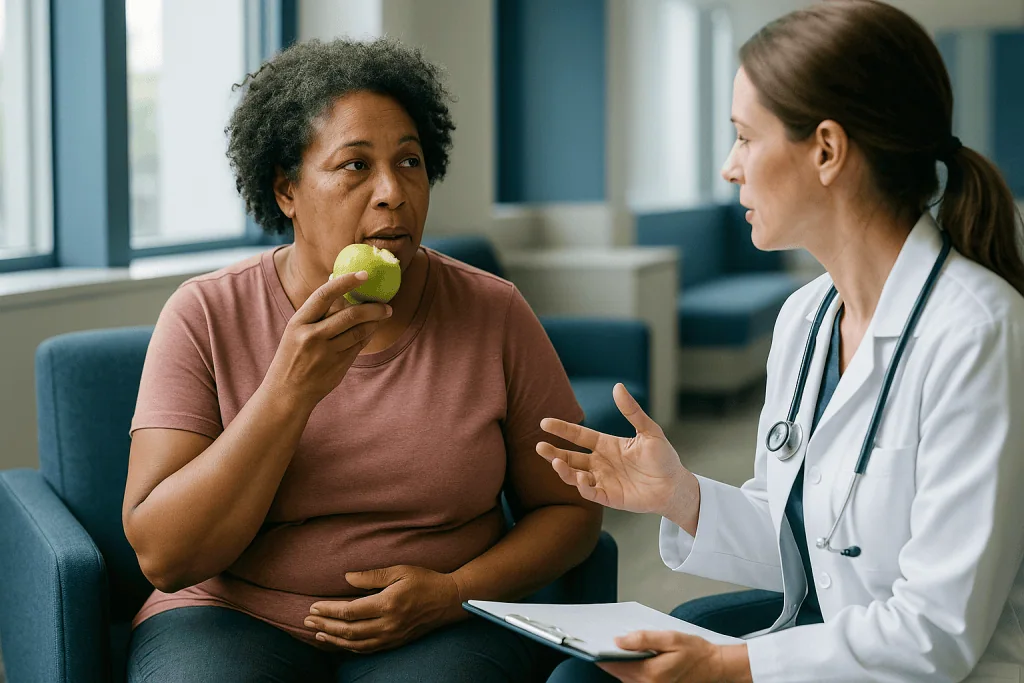 Doctor consulting patient about healthy eating with apple: Why tumor location matters as much as size