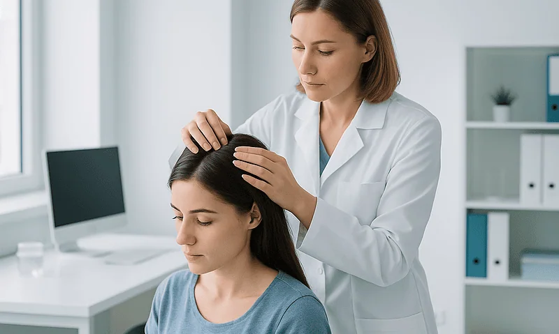 Doctor performing a hair examination on a patient in a clinical setting.