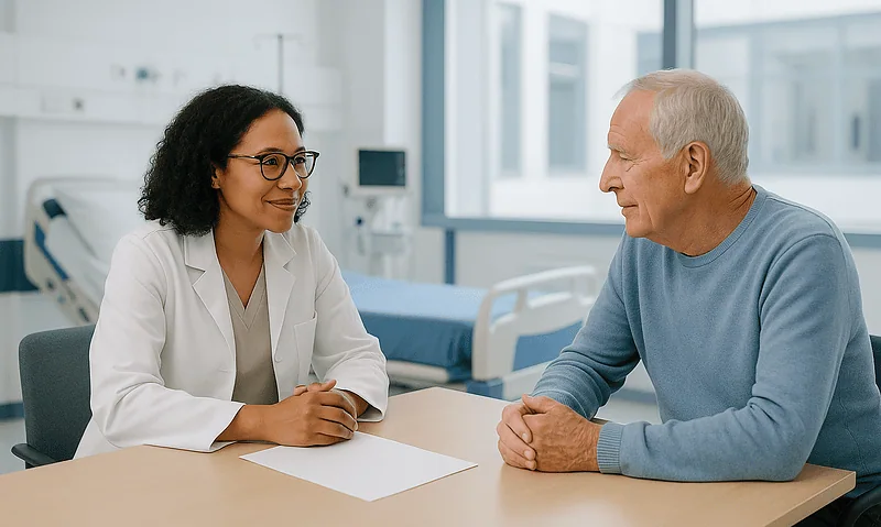 Doctor consulting with elderly patient in hospital room.