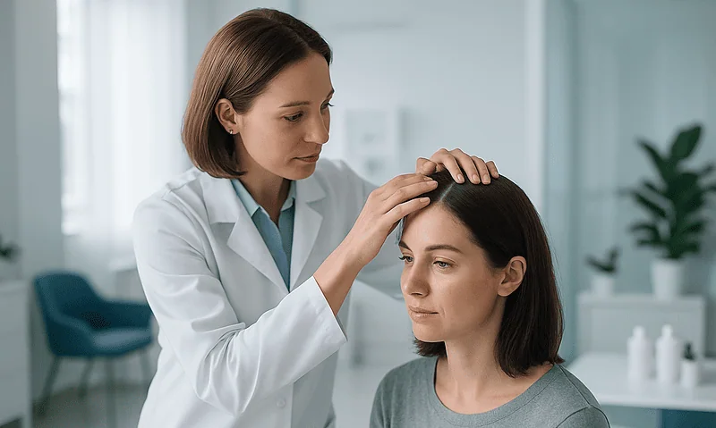 Dermatologist examining patient's scalp in a clinical setting.