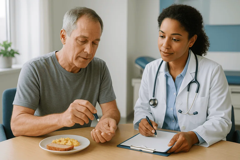 Doctor consulting with male patient about diet and health: Why two morning blood tests come before any treatment plan