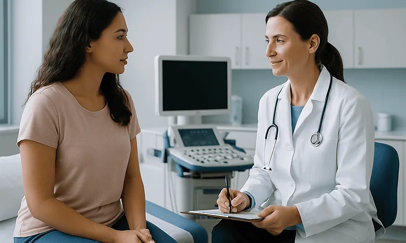 Doctor consulting with patient about breast tissue and ultrasound imaging.