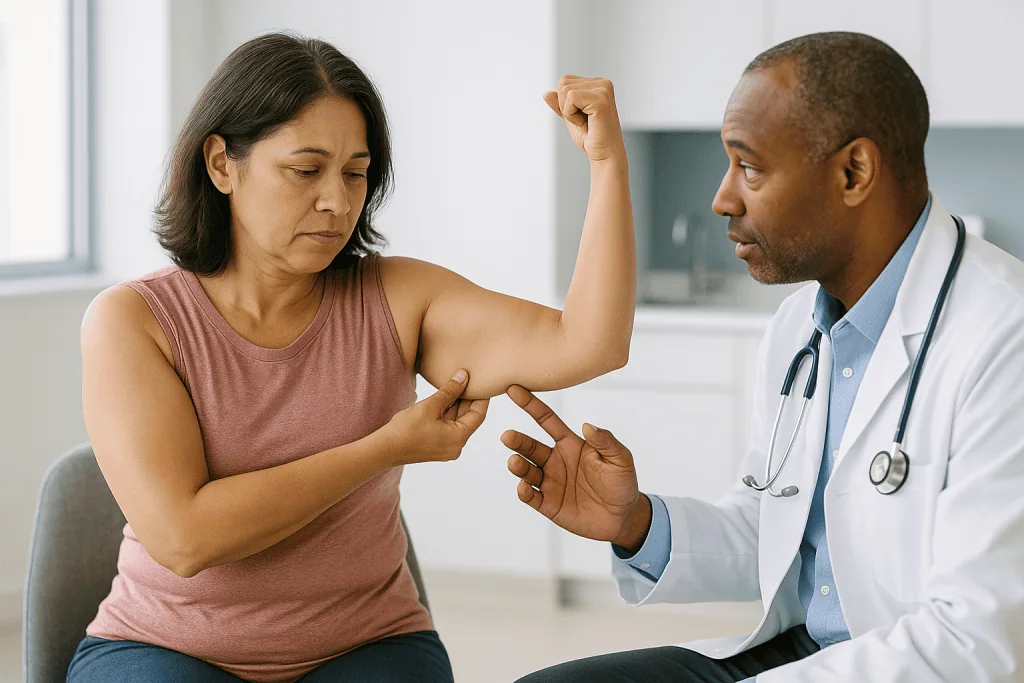 Doctor examining patient's upper arm skin elasticity: Why upper arms behave differently from bellies and thighs