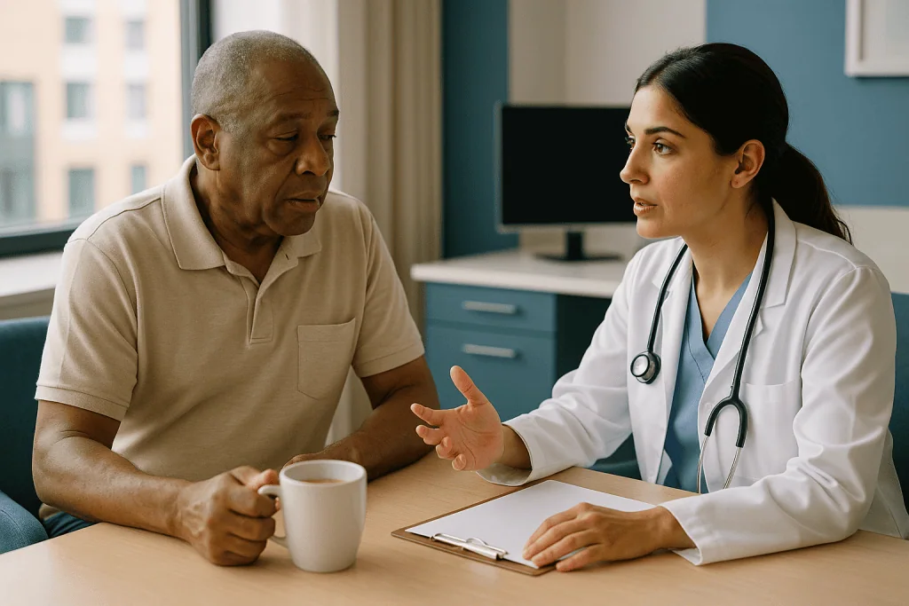Doctor consulting with older male patient in clinic office: Why urology scans so often need contrast in the first place