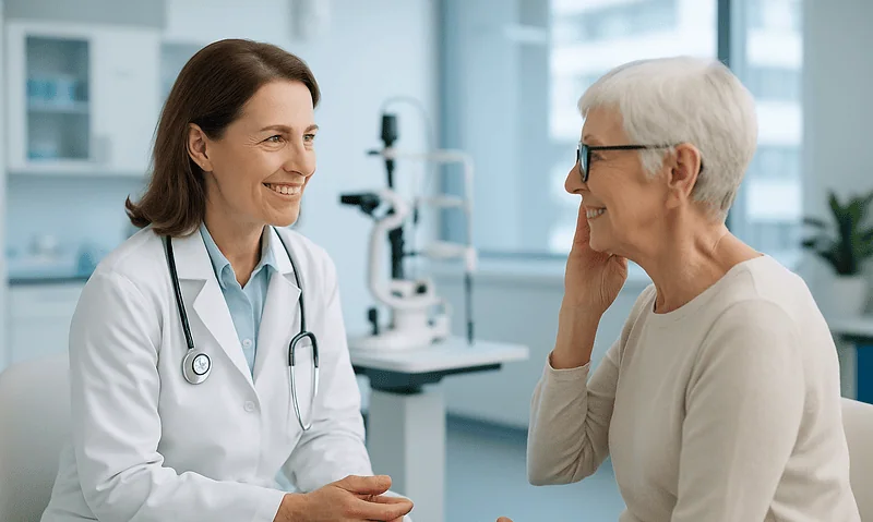 Optometrist consulting with an elderly patient in a modern clinic.