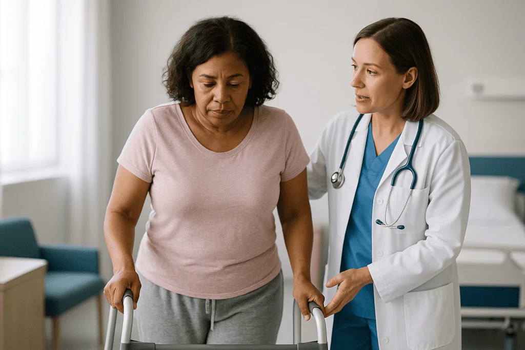 Doctor assisting patient with walker in clinical setting: Why vNOTES recovery time is counted in weeks, not days