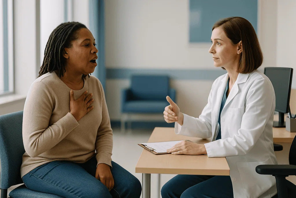 Doctor having consultation with patient in clinical office: Why voice therapy before glottoplasty comes first: what surgeons