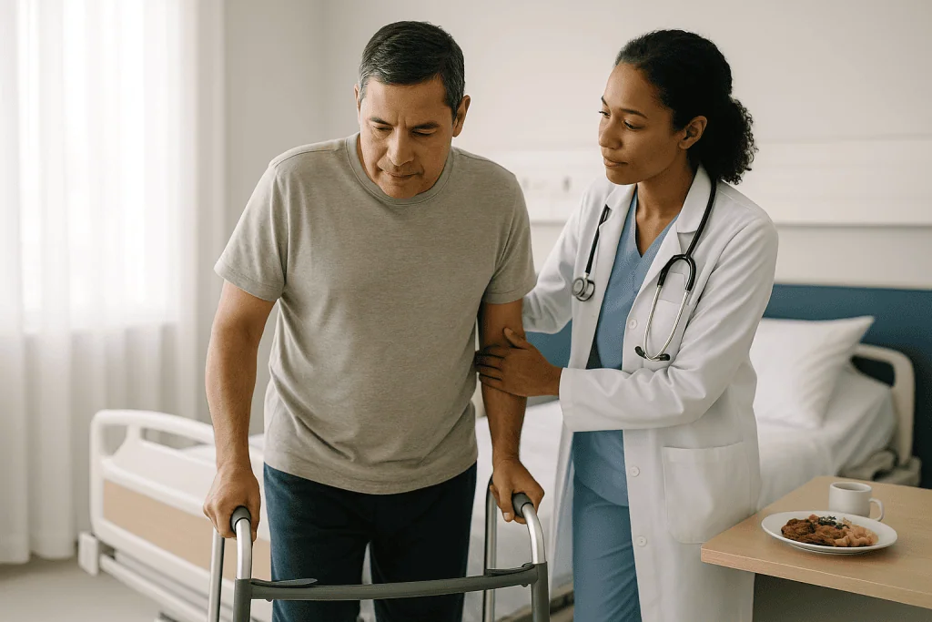 Doctor assisting male patient with walker in hospital room: Why walking the same day is encouraged, not just allowed