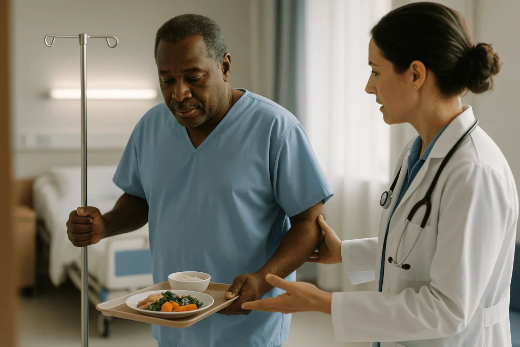 Doctor discussing meal tray with hospitalized patient: Why walking the same day matters more than resting in bed