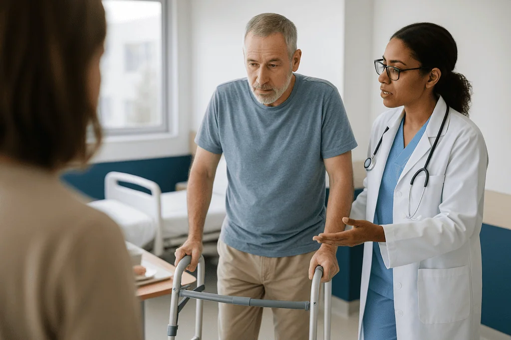 Doctor consulting patient with walker in clinical setting: Why walking within a day is the plan, not the exception