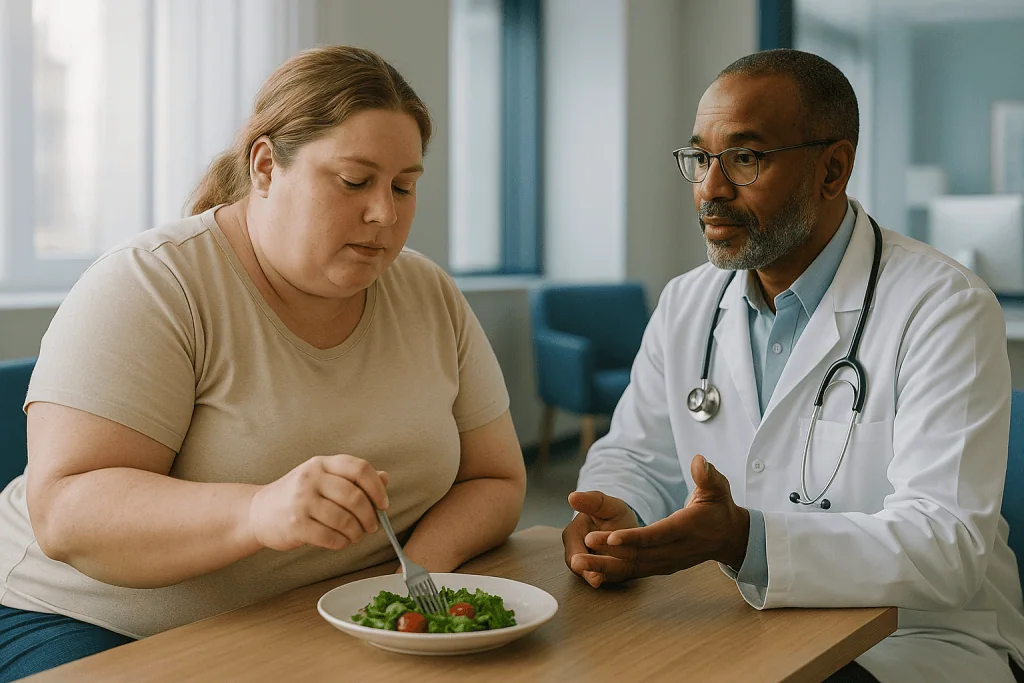 Doctor consulting patient about healthy salad diet: Why weight stability comes first when preparing for body lift surgery