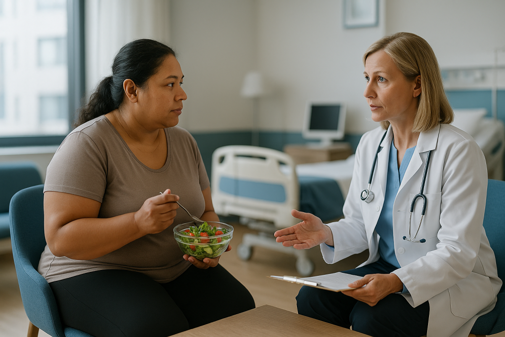 Doctor consulting patient about nutrition with salad bowl: Why weight stability is the first thing surgeons check