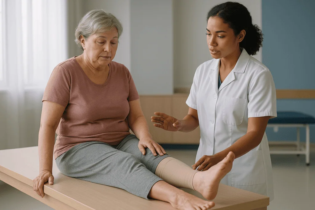 Healthcare provider examining patient leg for swelling: Why would a cancer patient go to rehab?